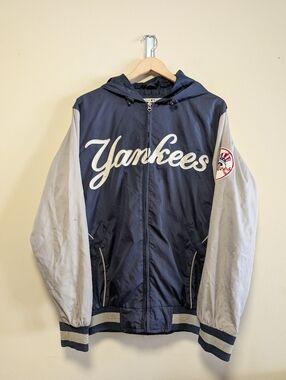 NY Yankees Hooded Windbreaker Jacket Navy Gray MLB Small